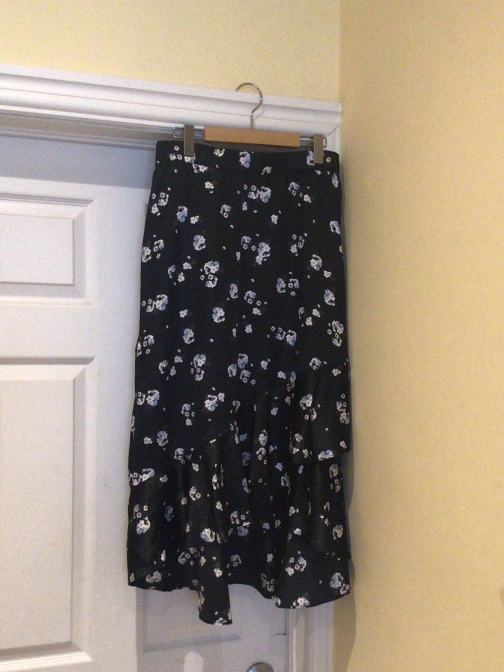 Flirty Black Floral High-Low Skirt with White and Light Blue Blossoms